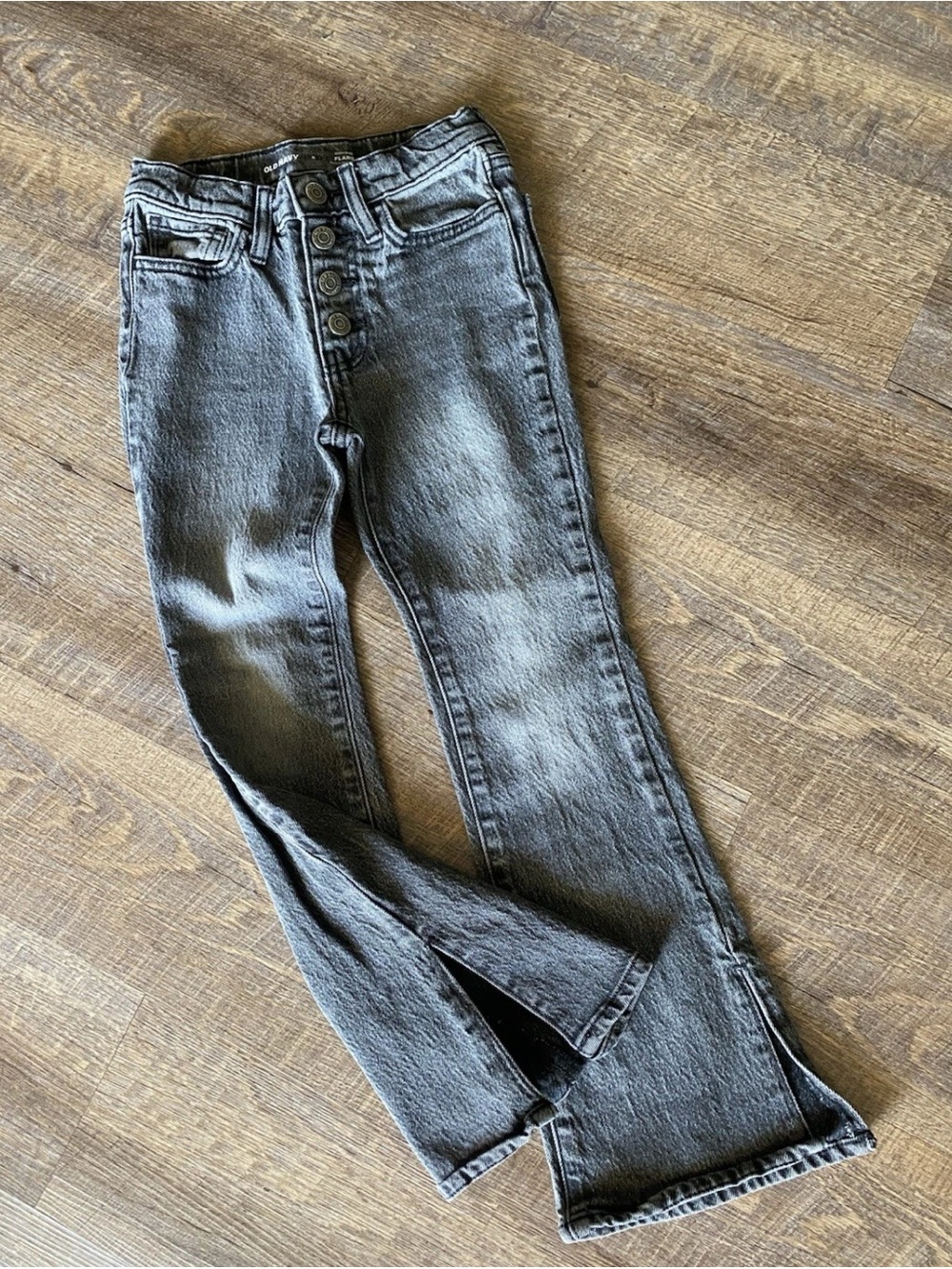 Old Navy Girls High Rise Grey/Black Denim Flare Jeans 8 Slits Buttons